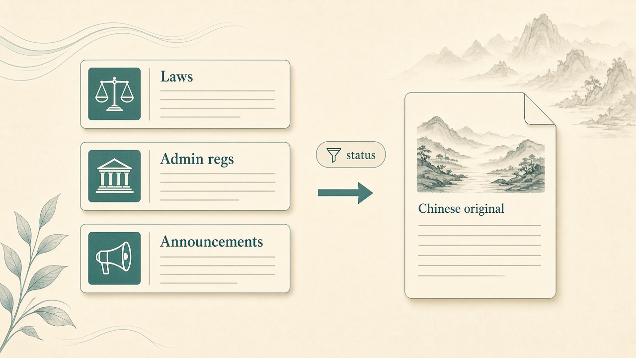Schematic: regulation library leads to Chinese original verification — not legal advice