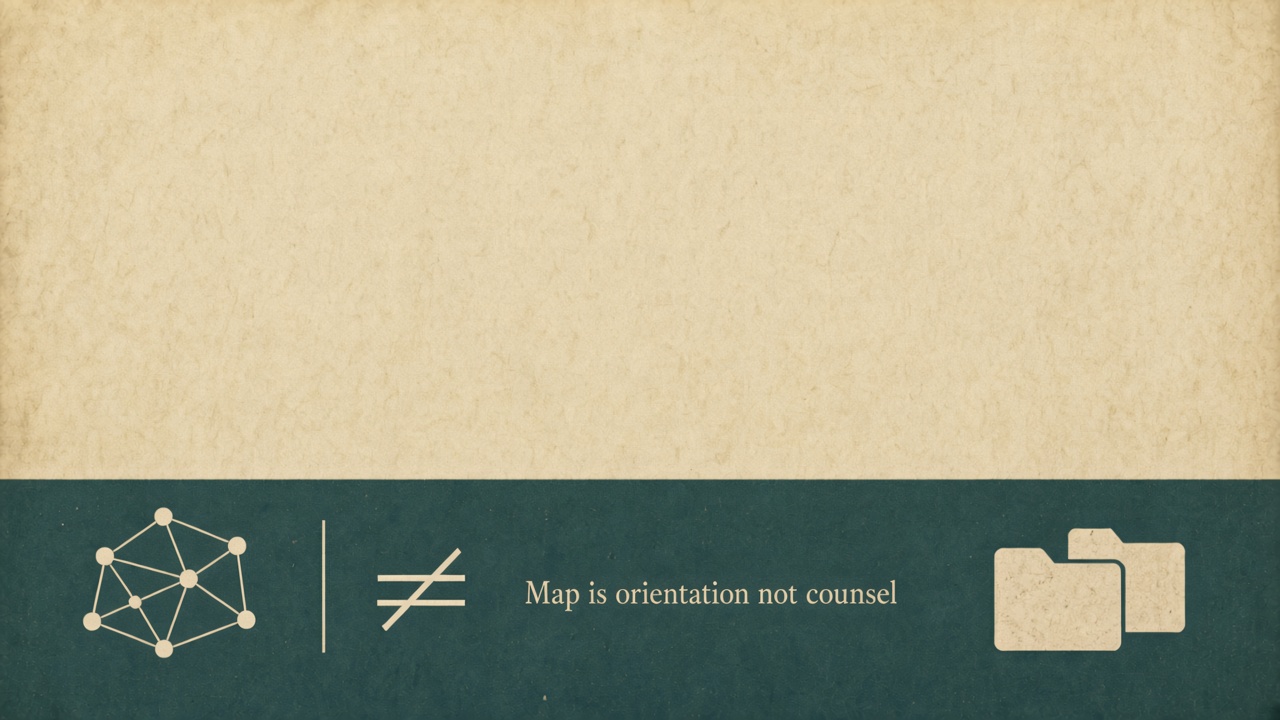 Quiet disclaimer strip: map is orientation, not filing advice