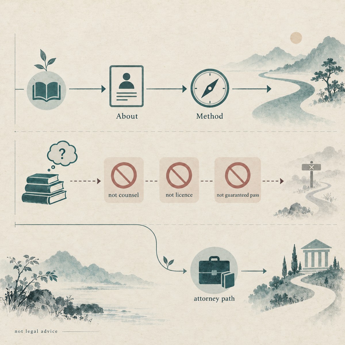 Schematic: About grants identity and method — not counsel, licence, or guaranteed pass