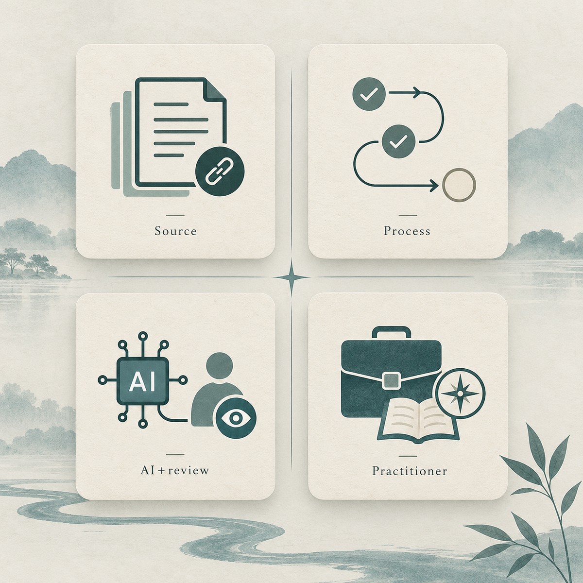 Schematic: four About method commitments — source, process, AI+humans, practitioner