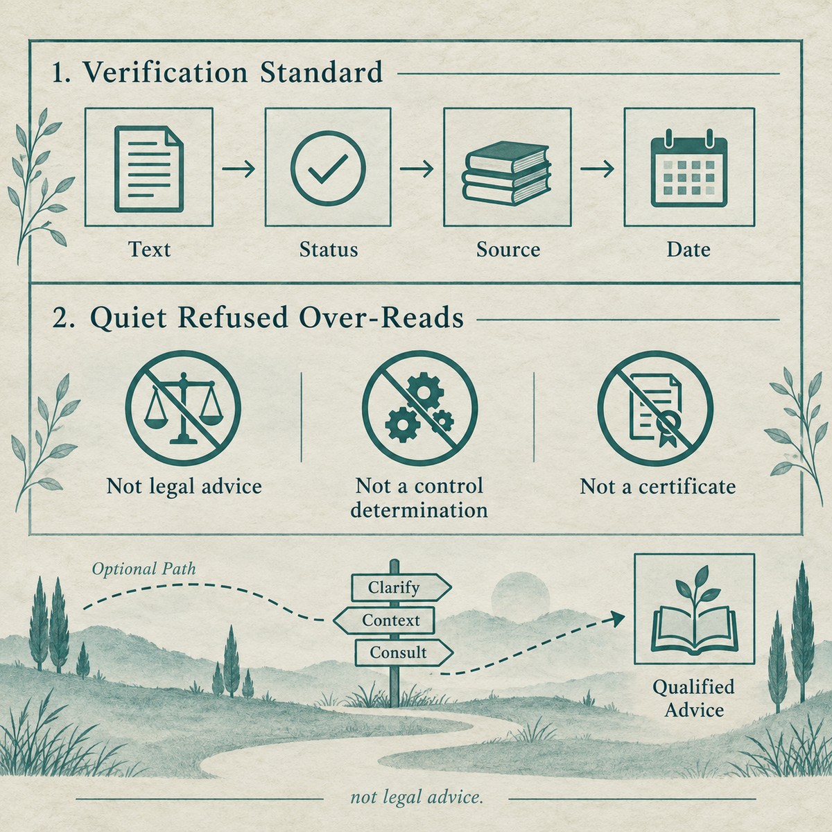 Schematic: editorial policy grants a verification standard — not legal advice or a control determination