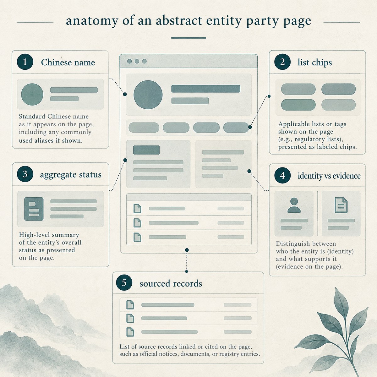 Schematic of a party page: Chinese name, list chips, aggregate status, identity vs evidence, sourced records