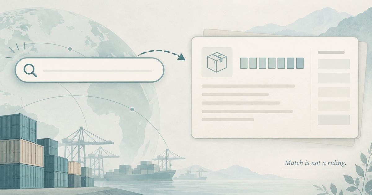 Schematic: tariff hub search leads to line orientation — match is not a classification ruling