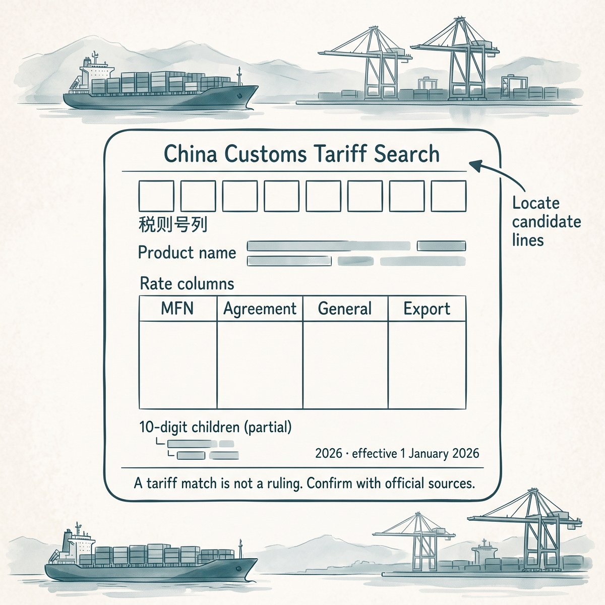 Schematic of a tariff line page: 8-digit code, product name, MFN/agreement/general/export columns, year stamps