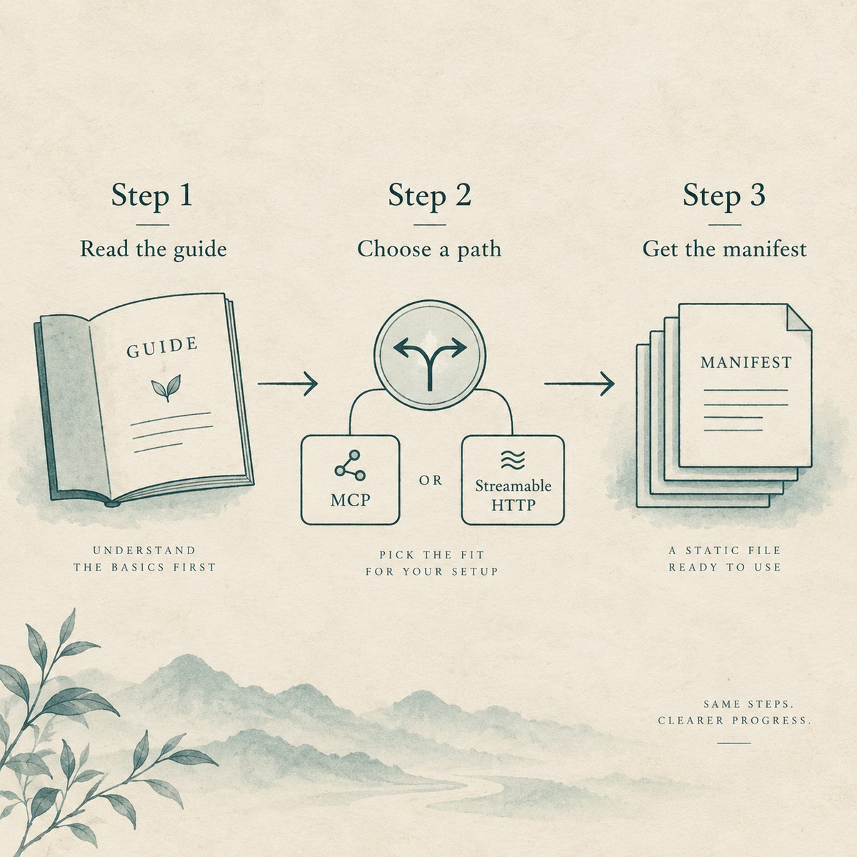 Schematic: read guide first, then choose MCP or static manifest