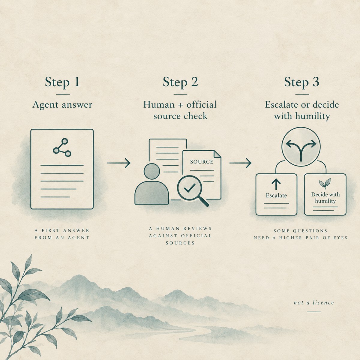 Flow: agent answer → human page + official source → decision path — not a licence