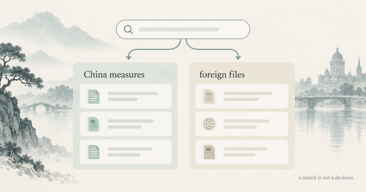 Schematic: one search box feeds two separate list columns — a match is not a decision