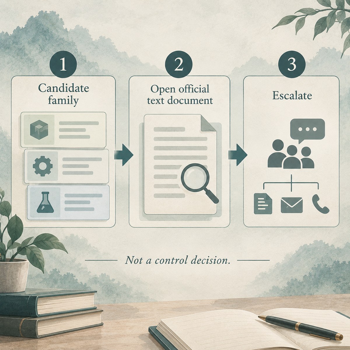 Flow: candidate family → still open official text / escalate — not a control decision