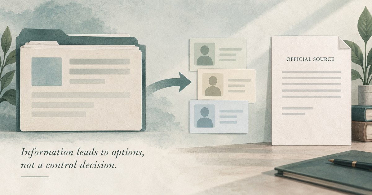 Schematic: case fields and missing facts lead to candidate verification — not a control decision