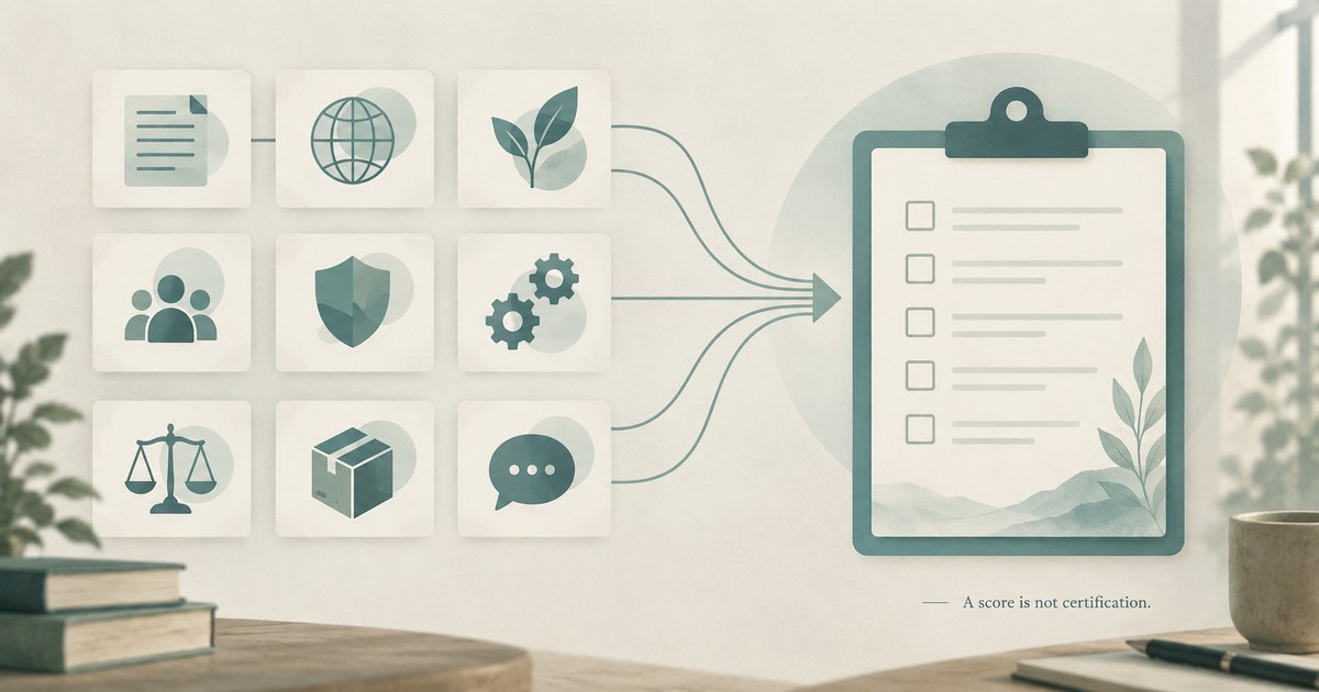 Schematic: nine ICP element cards feed a self-check — a score is not certification
