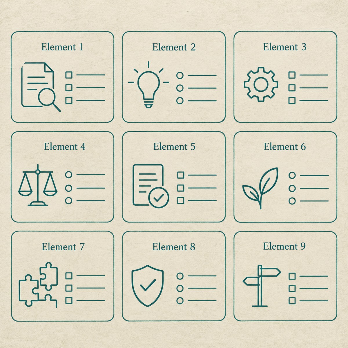 Schematic: nine ICP element lanes map to self-check questions — not a pasted quiz