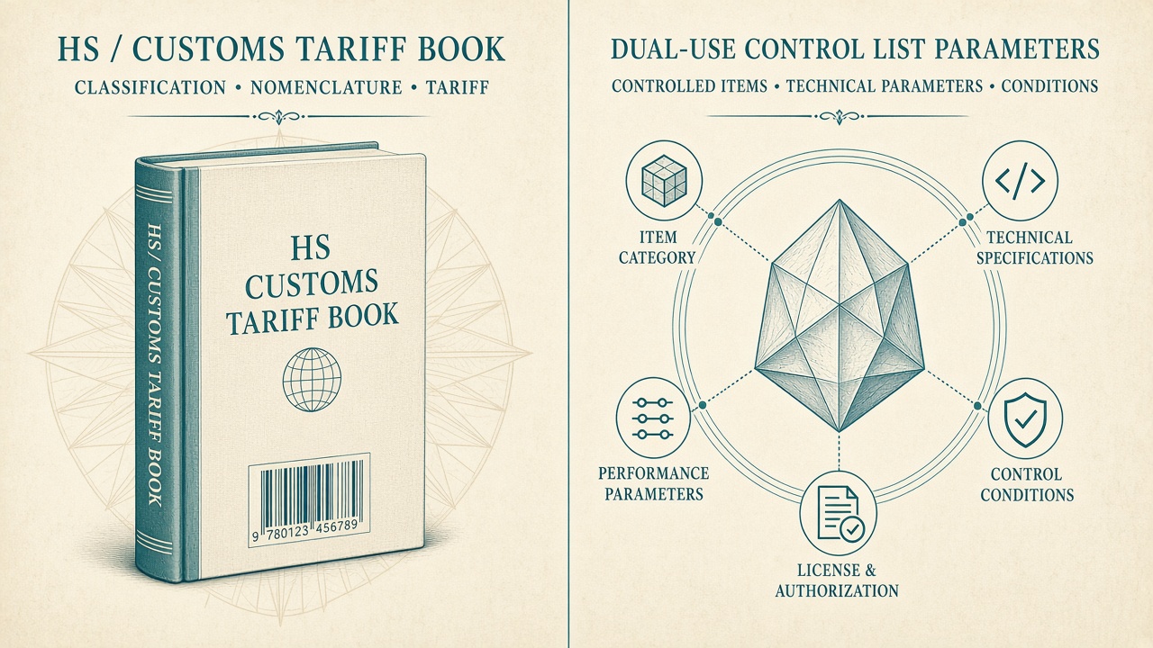Schematic: tariff HS codes vs dual-use control codes — not legal advice