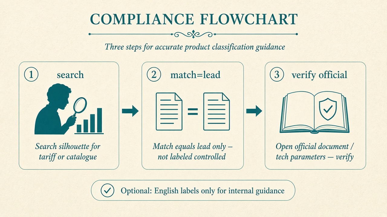 Flow: tariff or catalogue search → match = lead → open official text / tech params