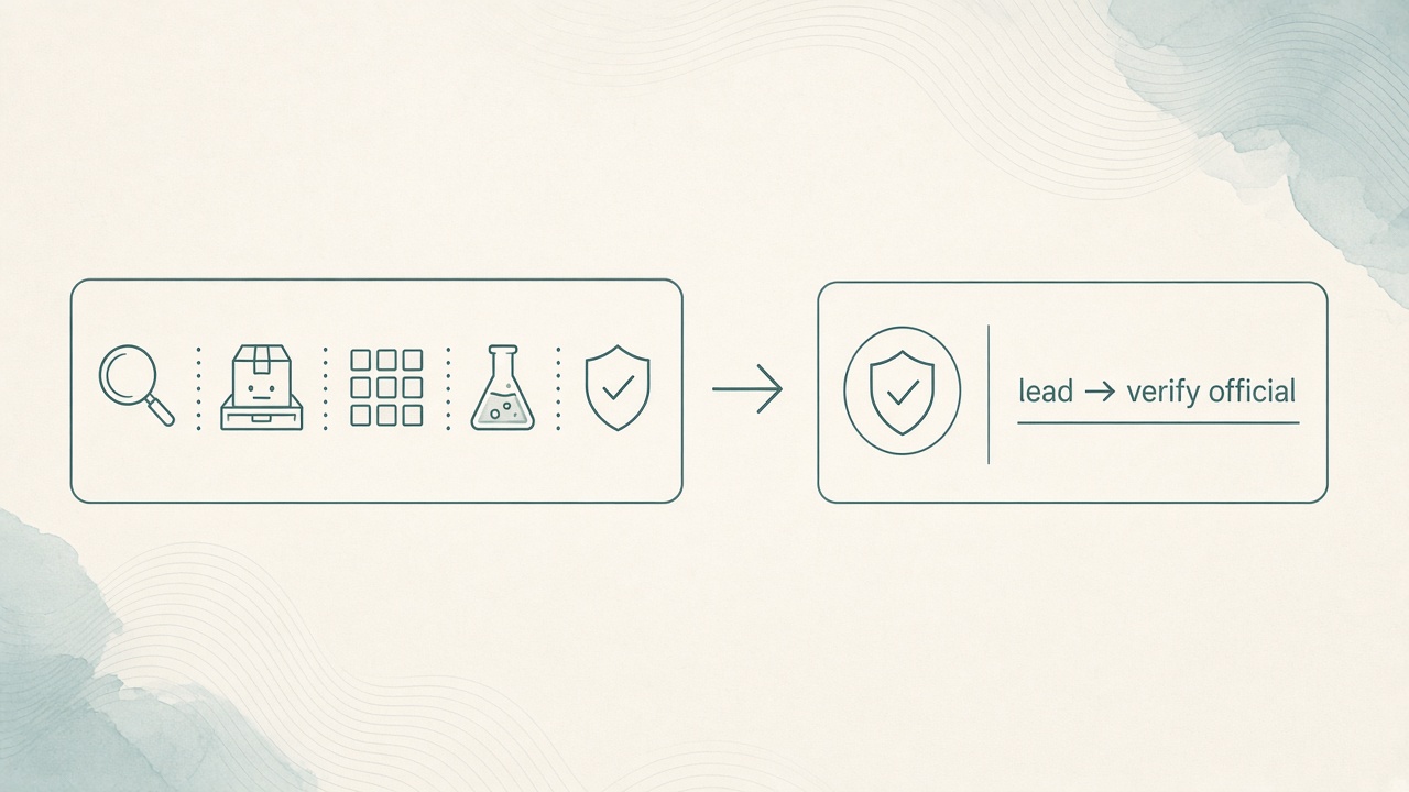 Schematic: catalog search leads to official verification — not legal advice
