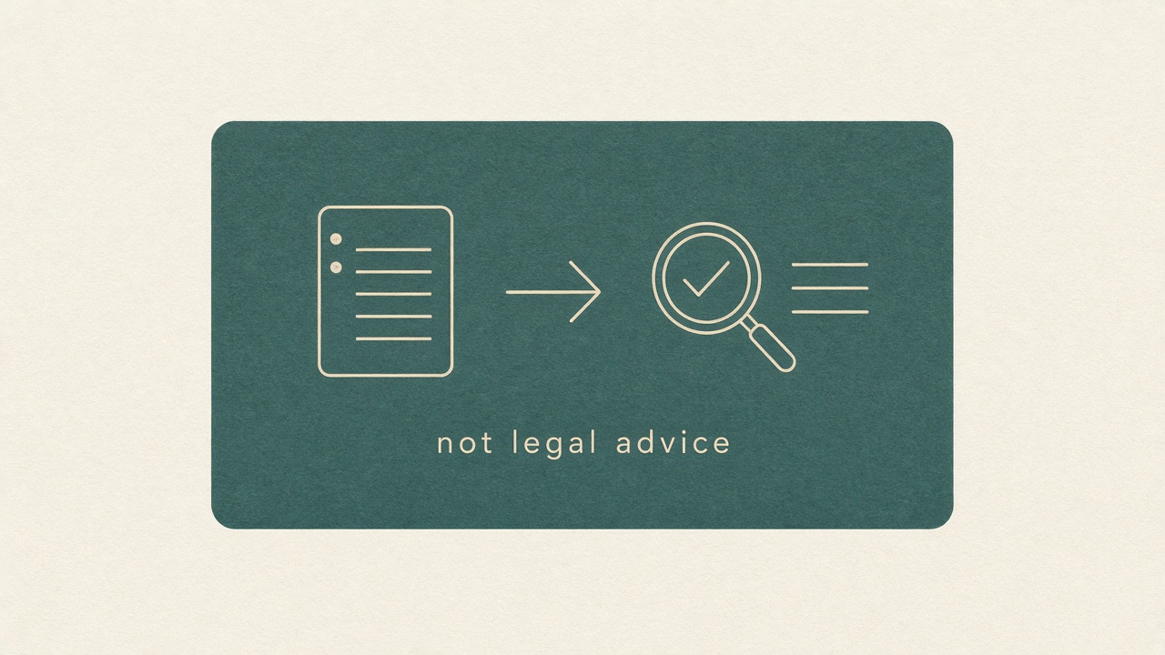 Quiet disclaimer strip: catalog match = lead to verify — not legal advice